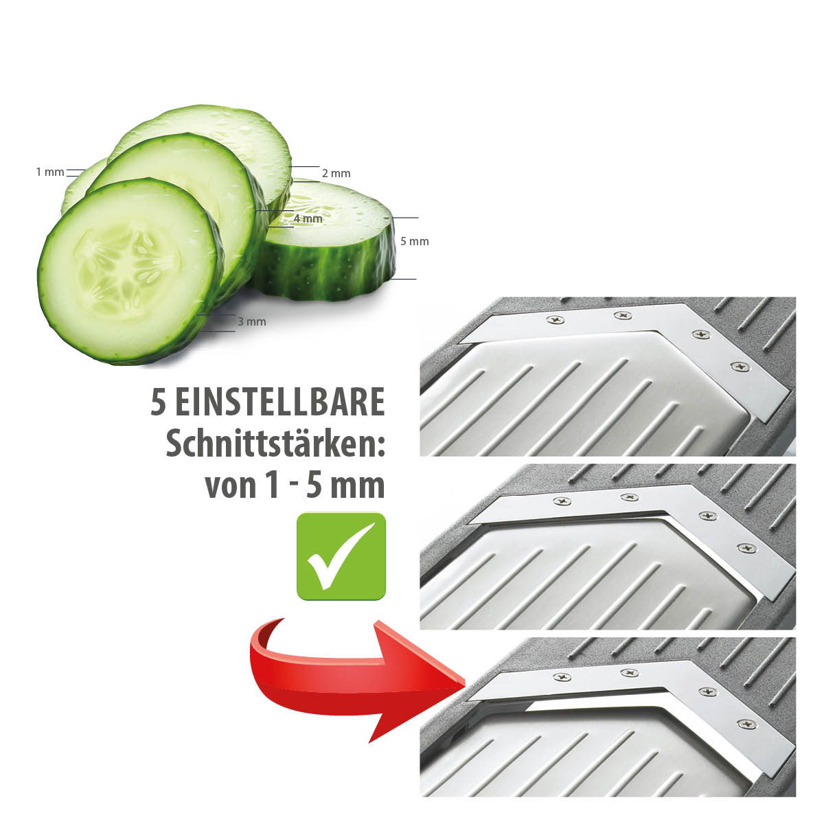 Mandoline mit 5 einstellbaren Schnittstärken von 1 bis 5 mm Gurken in verschiedenen Schnittstärken von 1 bis 5 mm, geschnitten mit einer Mandoline mit anpassbarer Schnittstärke