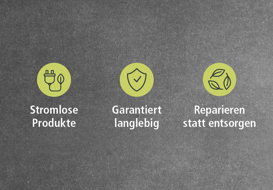 Stromlose Produkte, Garantiert langlebig, Reparieren statt entsorgen - Nachhaltige Symbole Drei grüne Symbole auf grauem Hintergrund: Stecker mit Pflanze für stromlose Produkte, Schild für garantierte Langlebigkeit und Blätter für Reparieren statt entsorgen.