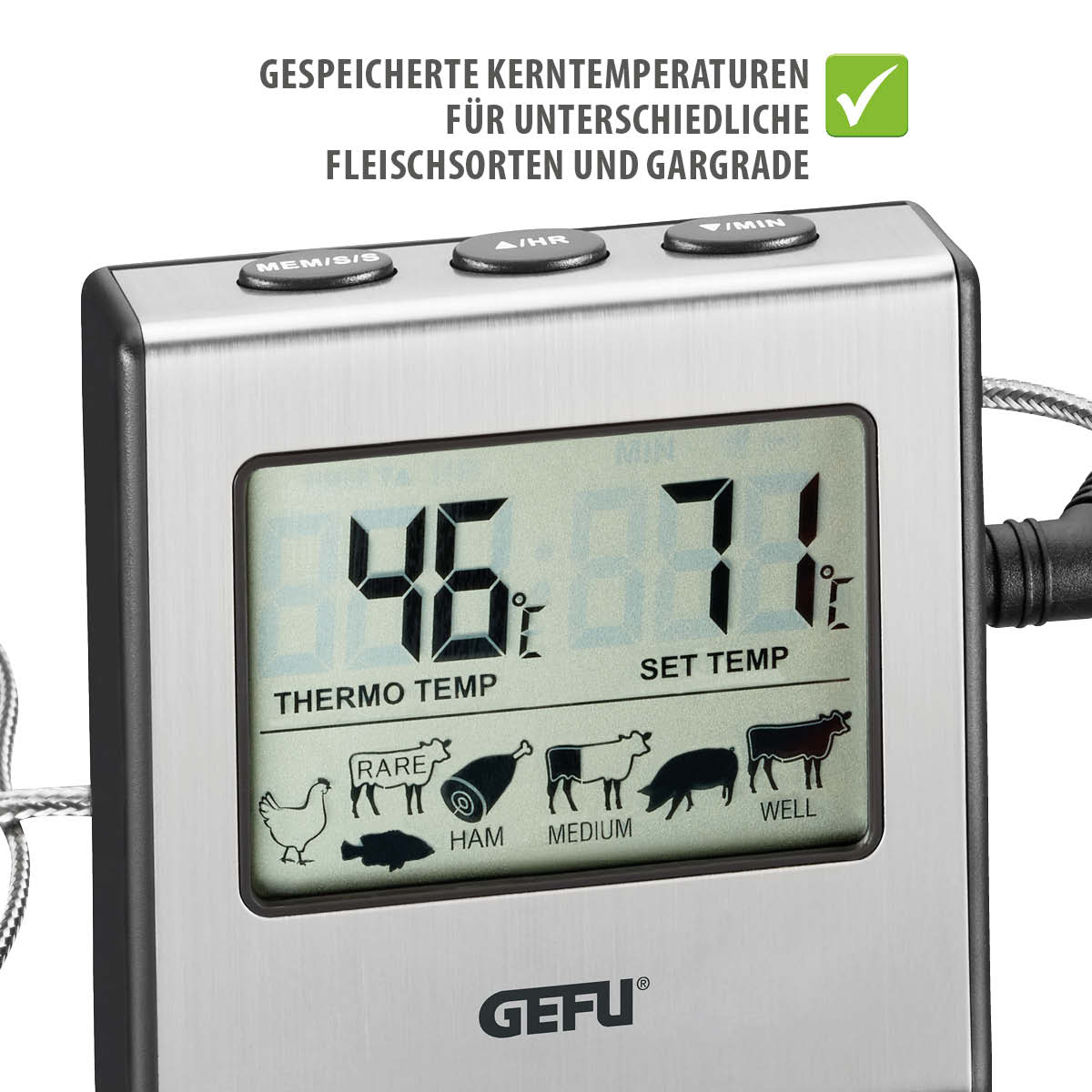Digitales Fleischthermometer mit gespeicherten Kerntemperaturen für verschiedene Fleischsorten und Gargrade Digitales Fleischthermometer mit Anzeige für Thermo- und Soll-Temperaturen sowie Symbolen für verschiedene Fleischarten und Garzustände