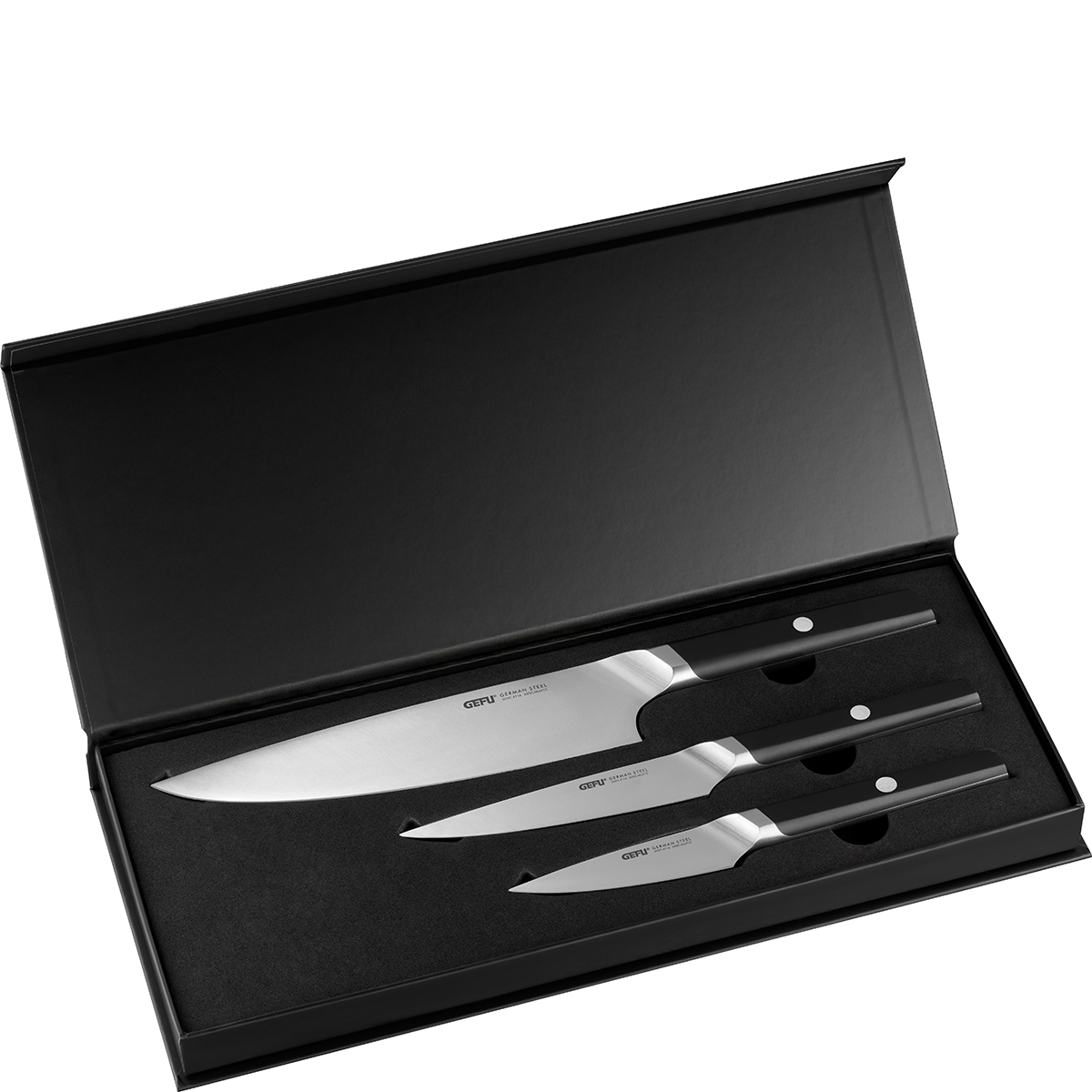 Drei Edelstahlmesser in einer eleganten schwarzen Geschenkbox