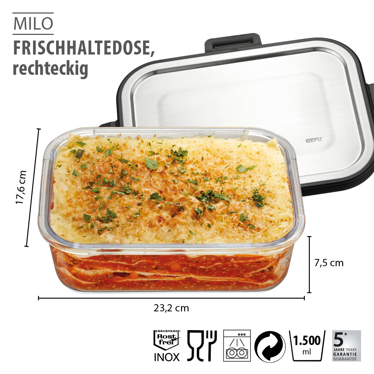 Food storage container MILO, rectangular, 1500 ml (Freshness control and stock checks via app)