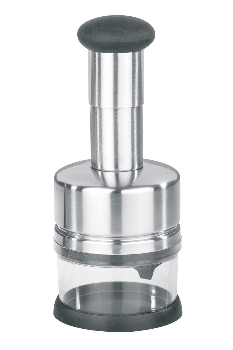 Rostfreier Edelstahl-Zwiebelhacker mit ergonomischem Griff für müheloses Hacken Zwiebelhacker aus Edelstahl mit ergonomischem Griff und durchsichtigem Behälter