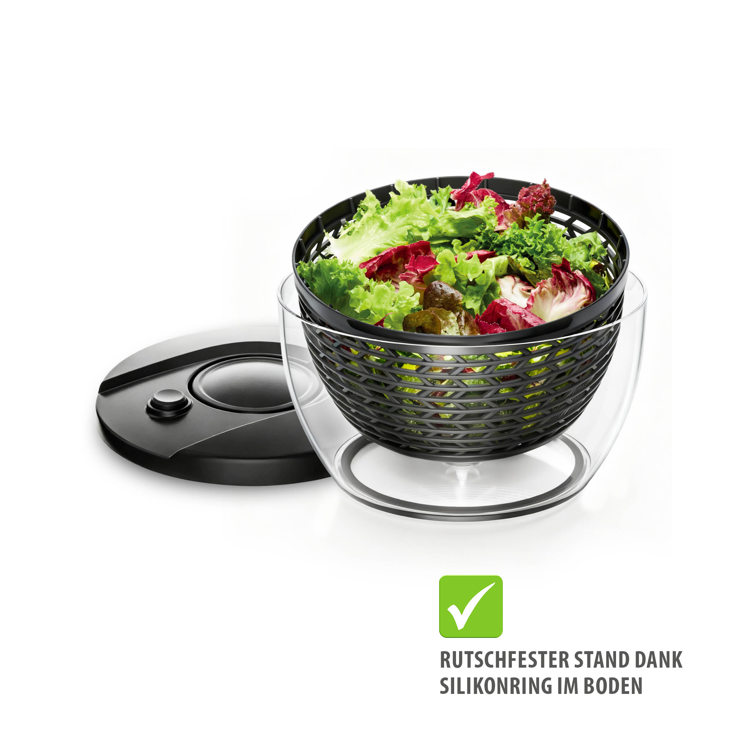 GEFU Salat- und Kräuterschleuder PUSH IT, 3 L, transparente Schüssel mit schwarzem Siebeinsatz, Deckel mit PUSH-Mechanismus und rutschfestem Silikonring im Boden für schonendes, schnelles Trocknen von Salat und Kräutern