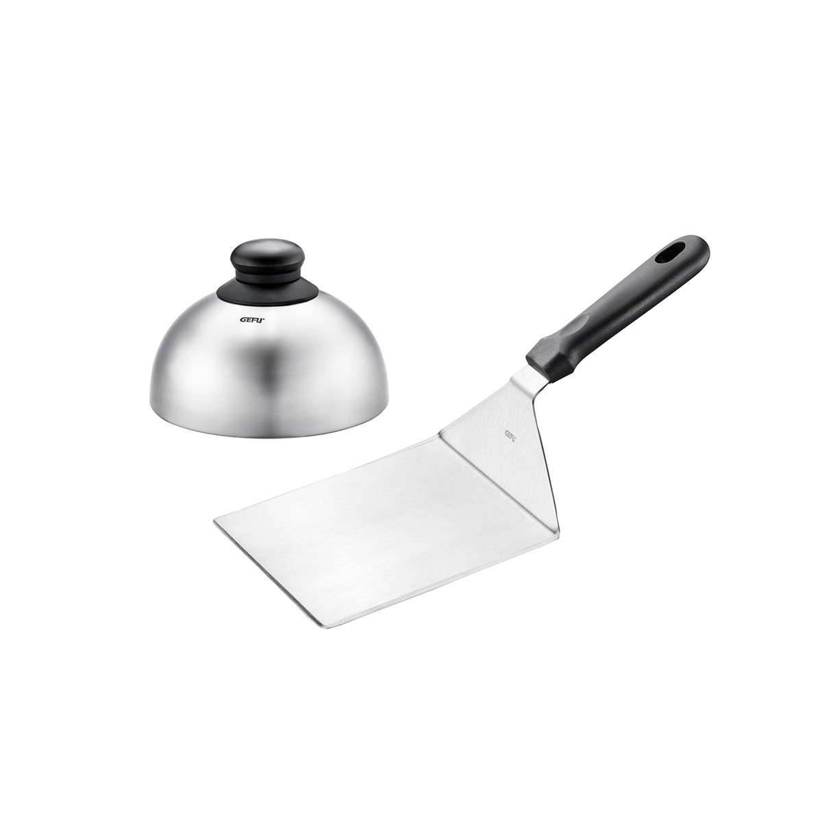 Grillzubehör Set: Edelstahl-Garhaube und Burgerwender mit Kunststoffgriff Grillzubehör Set mit einer Edelstahl-Garhaube und einem Burgerwender mit schwarzem Griff
